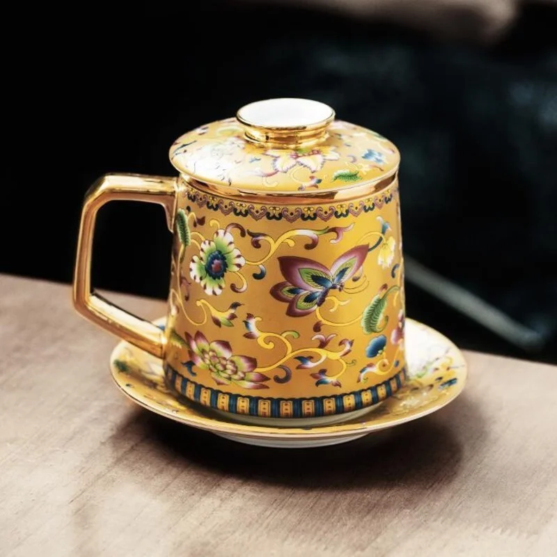 Elegant Porcelain Mug with Filter and Lid Office Ceramic Personal Tea Cup Separate Drinking Cup with Saucer Essential Tea