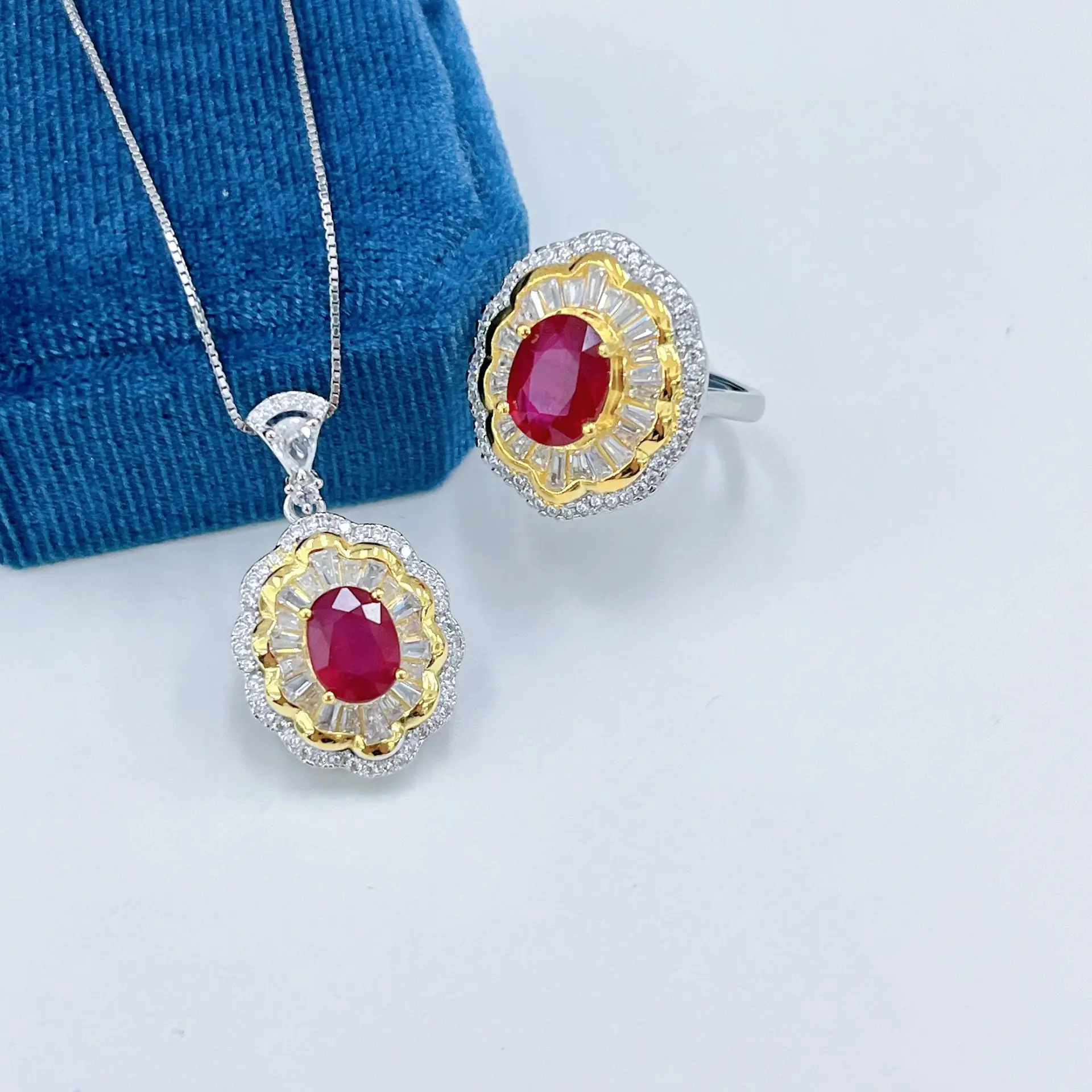 S925 Silver Two-Tone Plated New Heat Ruby Pendant Ring Set, with Free 925 Chain Jewelry Gift