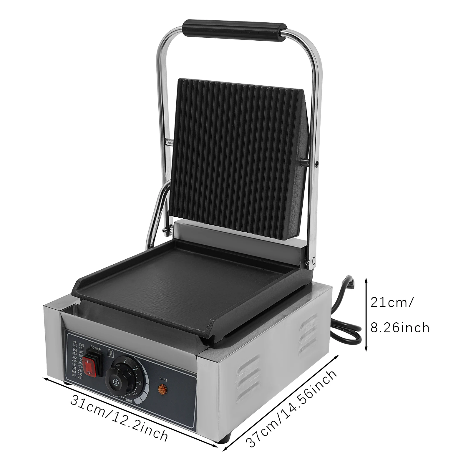 Commercial Sandwich Panini Press Grill - 1800W Double-Sided Heating - Adjustable Temp 122-572 ° F – Enamel Coating Cast Iron – Stainless Steel – Removable Grease Tray – 110V Us Plug – for Home Restaurant