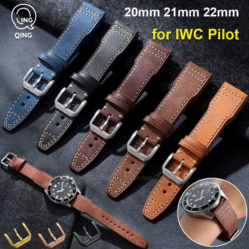 20mm 21mm 22mm Soft Universal Leather Watchband Cowhide Watch Strap for IWC Pilot Portugieser Men Women Sport Bracelet Accessory