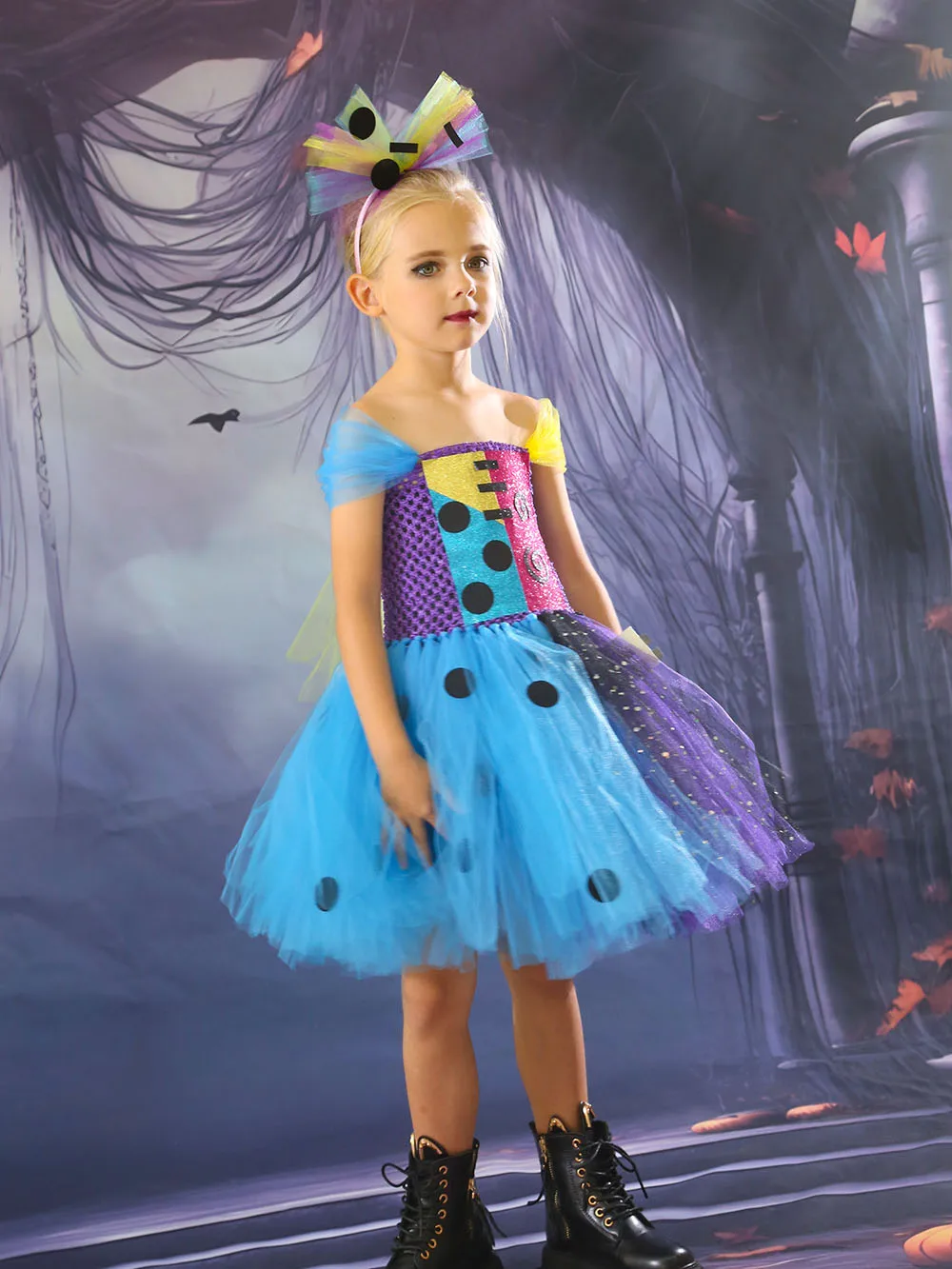 The Nightmare Before Christmas Sally Costume Tutu Dress with Headband Christmas Fancy Dress Up Deluxe Costume Kids Party Dresses