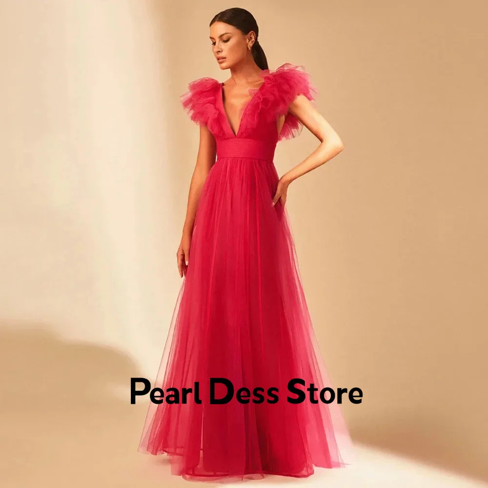 

Women's ruffled sheer evening dress with V-neck backless long formal wedding bridesmaid dress