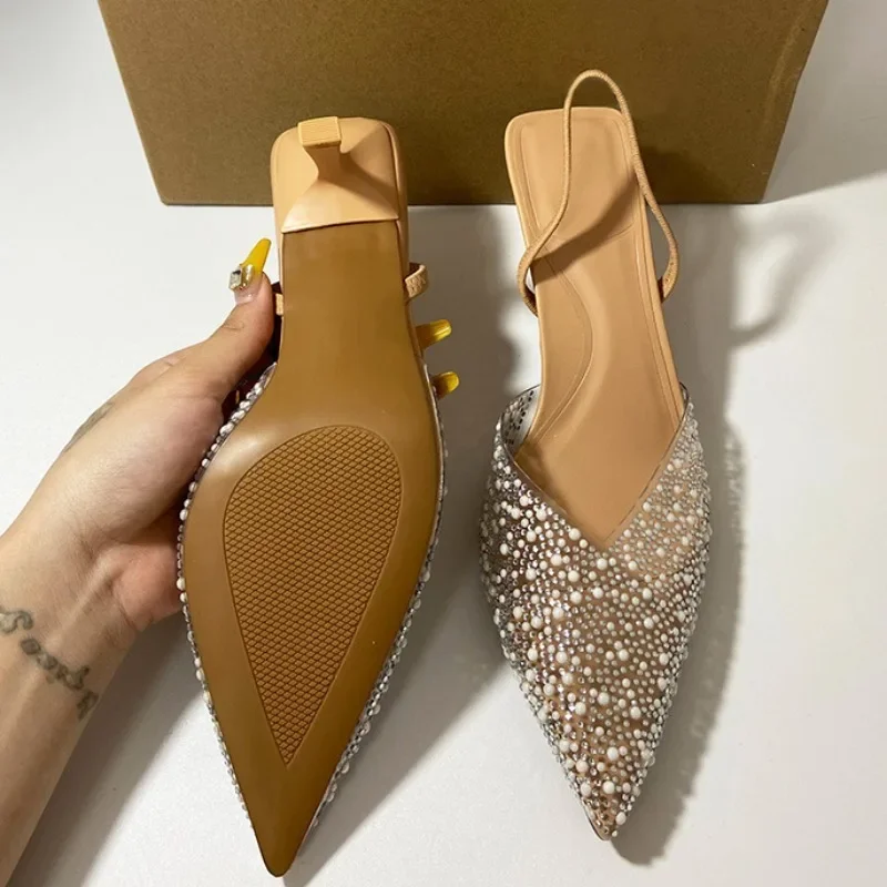 Sandalias de tacón alto puntiagudas para mujer, zapatos sexis transparentes de moda poco profunda, con perlas artificiales decoradas, 2024