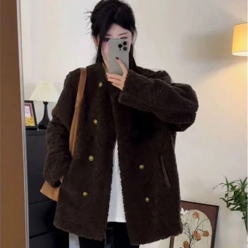 Lady Fashion Ronde Hals Lamswollen Jas Franse Vrouwelijke Double-breasted Losse Top Lente Herfst Vrouwen Vrije tijd Grote Maat 4XL Jas