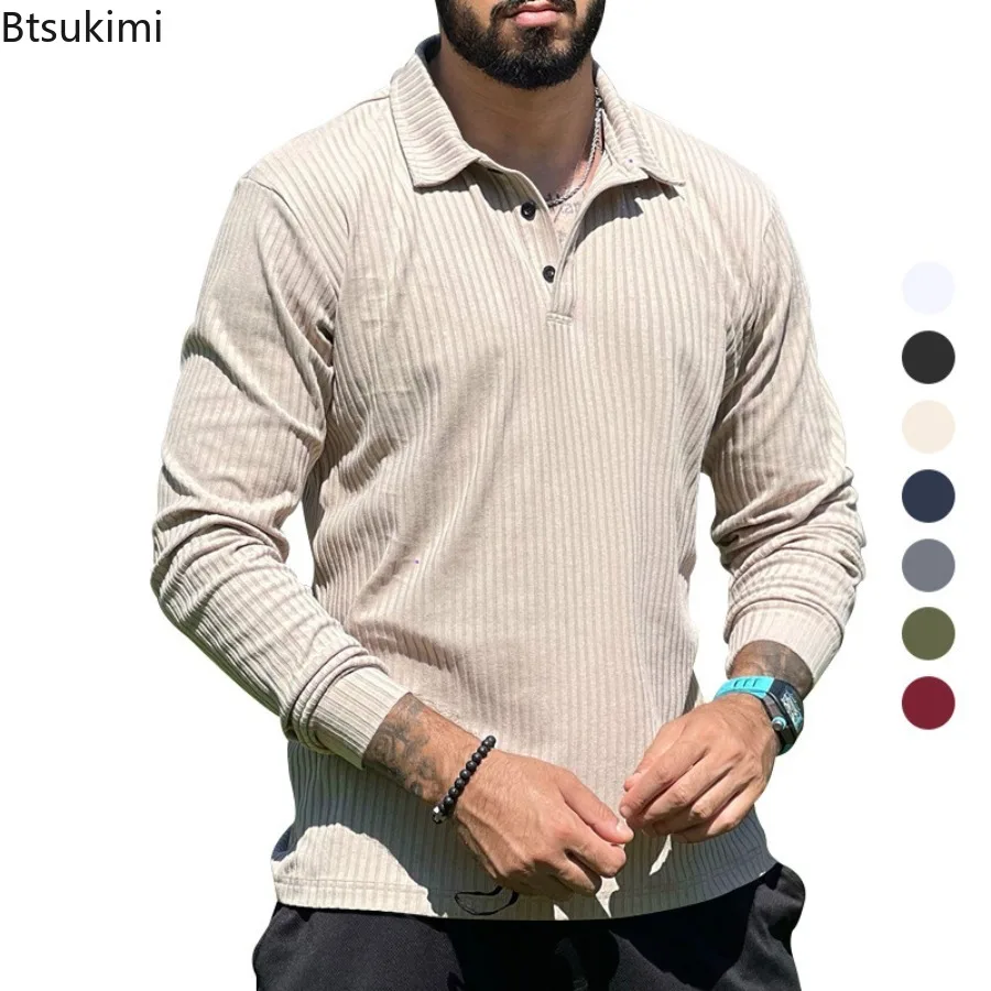 

2024 New Polo Shirts Men's Solid Long Sleeve T-shirt Fashion Casual Striped Lapel Pullover Business Sport Versatile Tops for Men