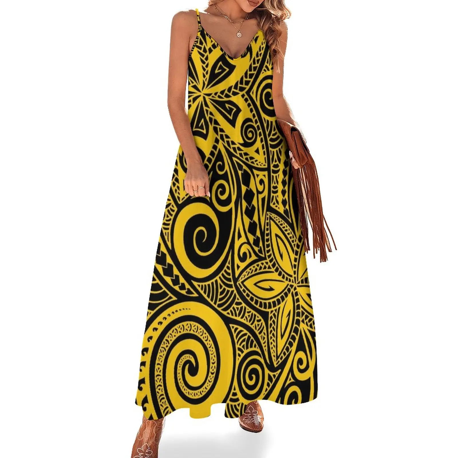 

Black mustard yellow Polynesian floral design Sleeveless Dress Women's evening dress