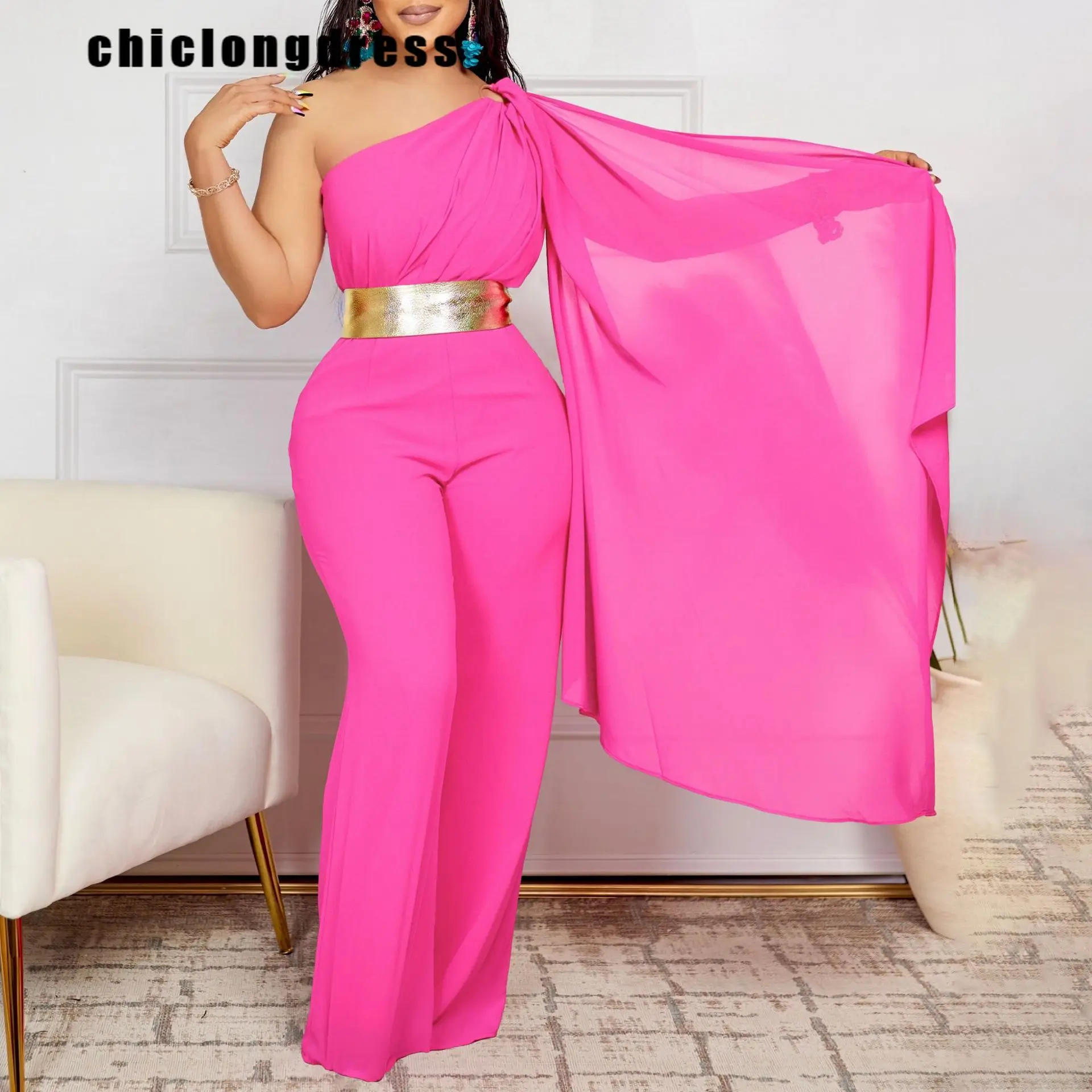 Summer Fashion Off Shoulder Jumpsuit Women Elegant Slant Neck Single Sleeve Belt Wide Leg Chiffon Jumpsuit African Women