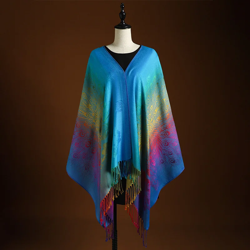 Elegant Peacock Feather Jacquard Scarf with Gradient Colors and Tassels - Perfect for Mardi Gras, Beach, and Casual Wear