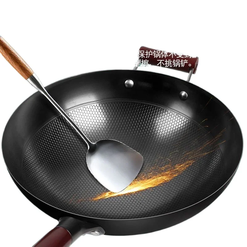 Sartén Wok de hierro de 32cm, utensilios de cocina de estilo japonés de 2mm de espesor, olla sin recubrimiento, para estufa de Gas, cocina de inducción Wok