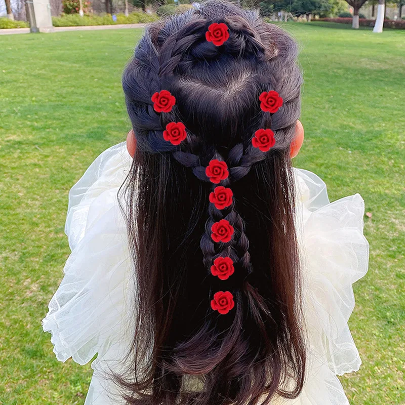10pcs Red Rose Blossom Small Hair Clip Girl\'s Weaving Style Bean Clip Bridal Wedding Headwear