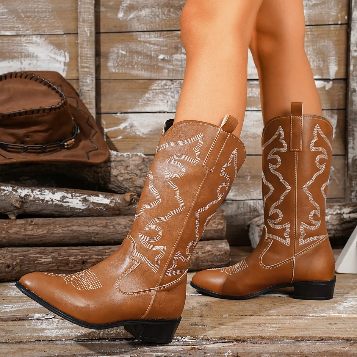 Damenstiefel, klassische Western-Cowboystiefel mit Stickerei, modische Stiefel bis zum Knie, Damen-Freizeitstiefel aus Leder, Botas Feminina – Detail 3
