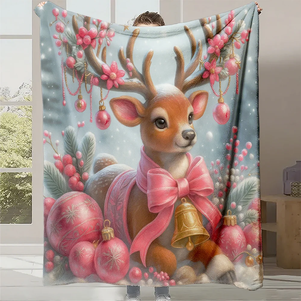 1pc, Christmas Pink Reindeer Printed Flannel Blanket, High-Density Flannel Blanket, Skin-Friendly Warm Blanket | A Must-Have Ite