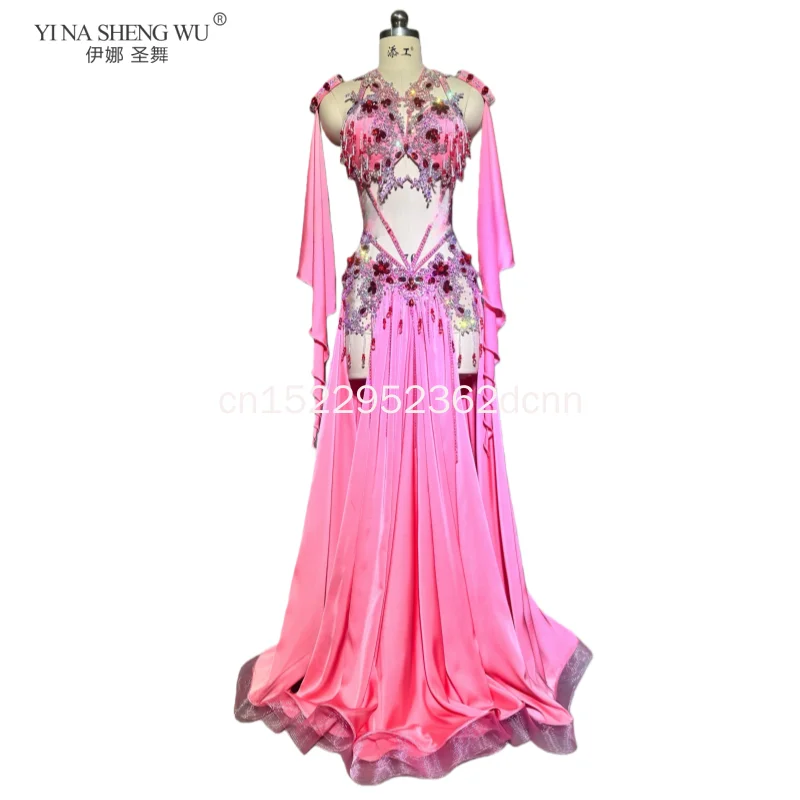 Women's Luxury Belly Dance Costume AB Stones Bra with Sleeves And Satin Long Skirt 2pcs Customized Dancer Competition Outfit