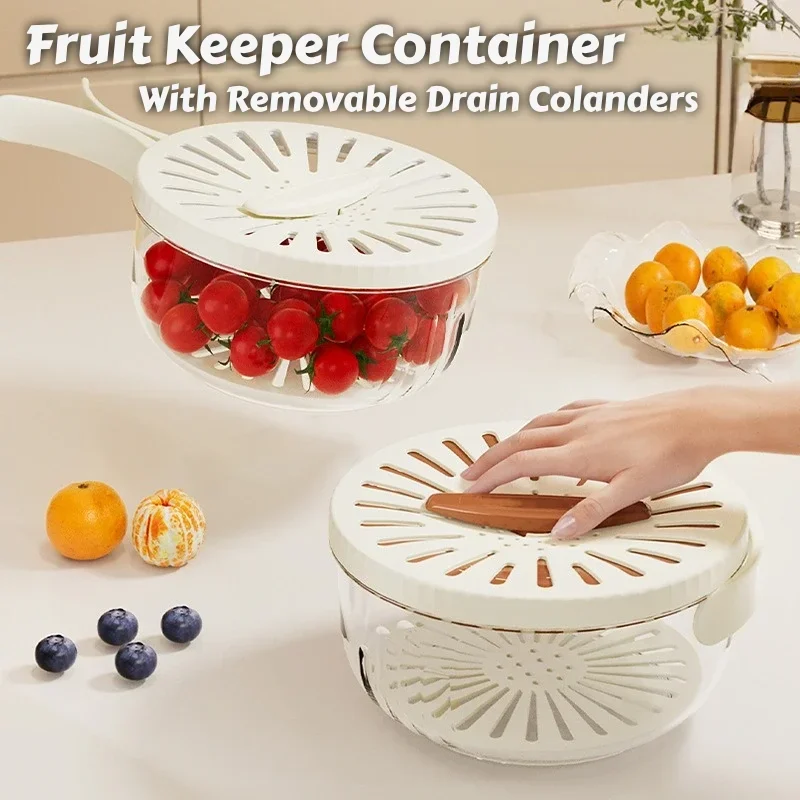 Fruit Drain Basket with Lid Vegetable Washing Bowl Foldable Handle Cleaning Colander Plastic Refrigerator Crisper Kitchen Box