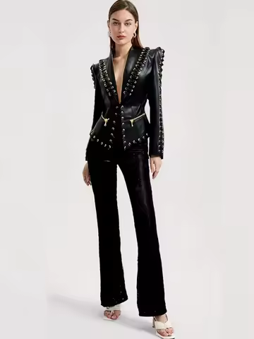 Gold Chain Edge Decoration Grid Faux Leather Jacket Cardigan Coat Blazer Black Mini Skirt Outfit Women Short Jacket