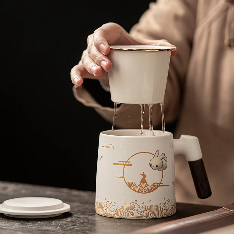 Chinese Style Cartoon Rabbit Pattern Mug, Home Personal Office Cute Teacup With Cover, Creative Separated Tea Cup for 400ml, 1Pc