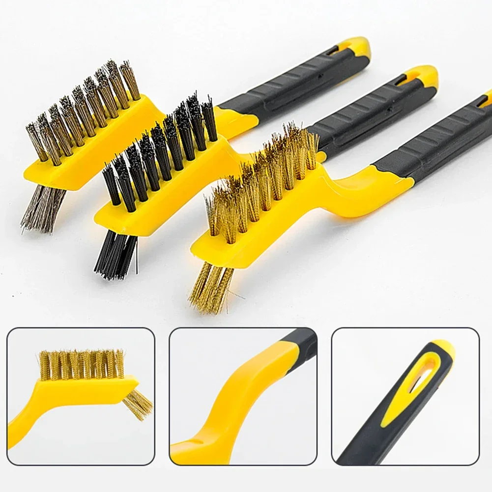 YTOM 3pcs 7Inch Wire Brush Steel Brass Nylon Brush Cleaning Polishing Detail Metal Rust Brush Scrubbing Polishing Burring Hand T