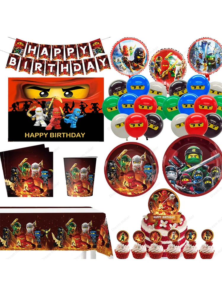 Ninjago Geburtstagsparty Dekorationen Zubehör Teller Becher Servietten Banner Ballons Ninja-Themen Geburtstagsparty Gastgeschenke