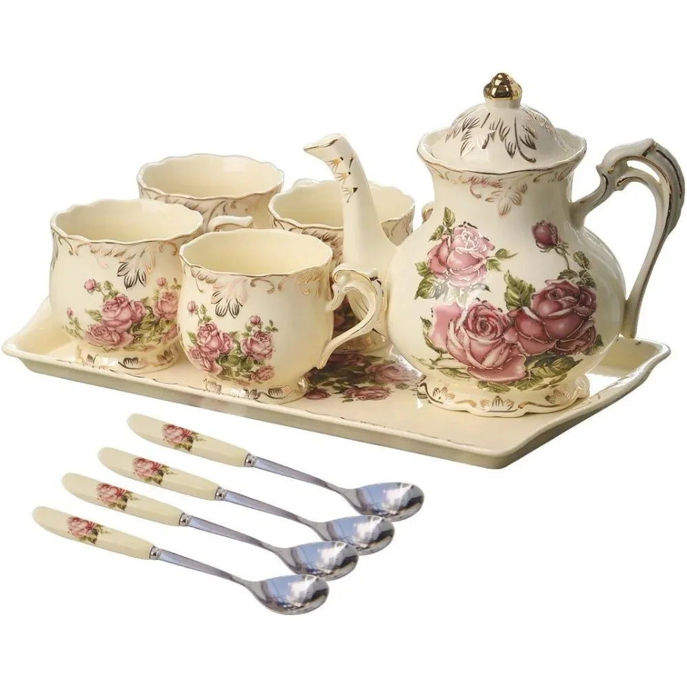 Porcelain Tea Set, Tea Cups with Teapot, Serving Tray and Teaspoon Service for 4, Suitable for Tea Party Gifts, Teaware Sets