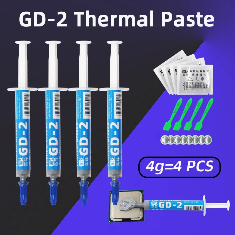 

GD-2 Thermal Paste Thermal Grease Conductive Heat Sink Compound Plaster Gray 4g 4 PCS 7.5 W/M-K For CPU GPU Cooling Cooler BA4