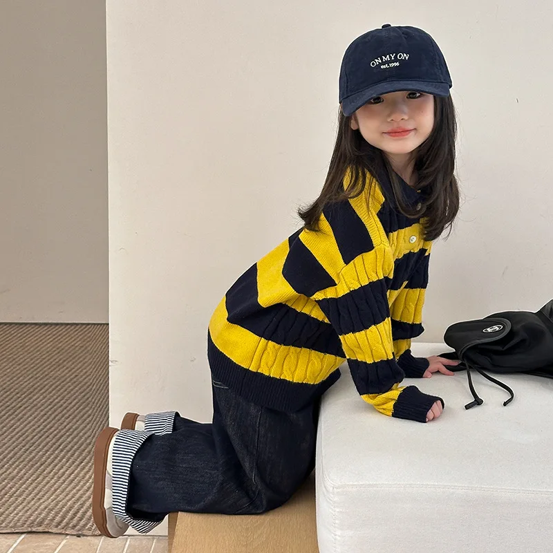 2025 Autumn New Fashion Medium and Large Girls Korean Style Casual Lapel Sweater Contrast Color Twist Knit Sweater Boutique