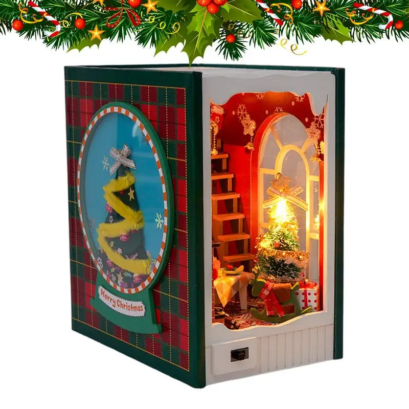 Miniature Book Nook Kit Decorative Miniature Bookends Kit 3D Wooden Merry Christmas House Model Build Bookshelf Decor Miniature