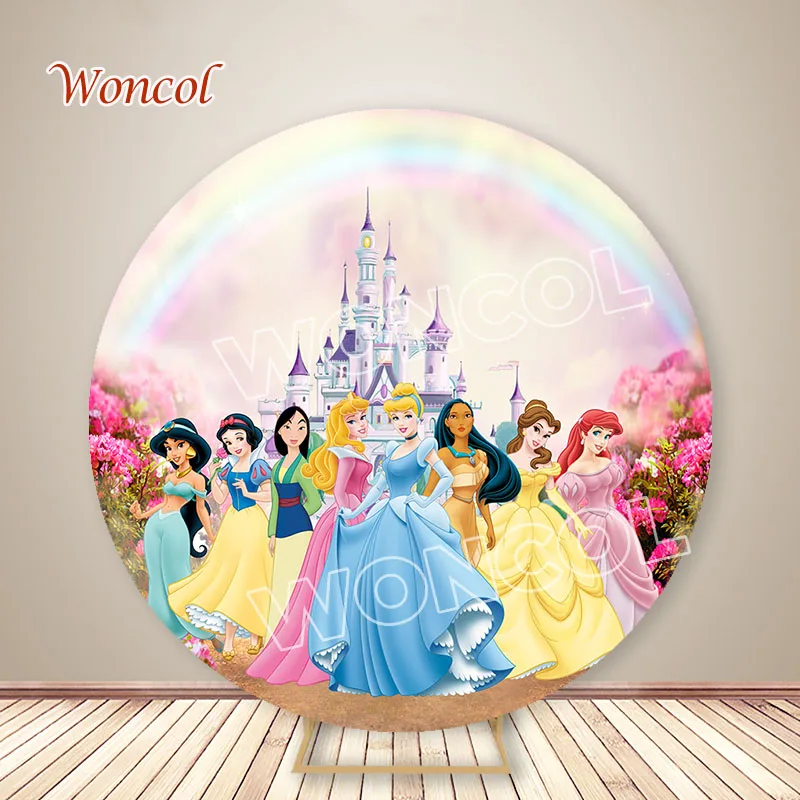 Disney Princess Round Cover Aurora Cinderella Belle Princess Birthday Backdrop Snow White Ariel Tiana Rapunzel Cylinder Cover