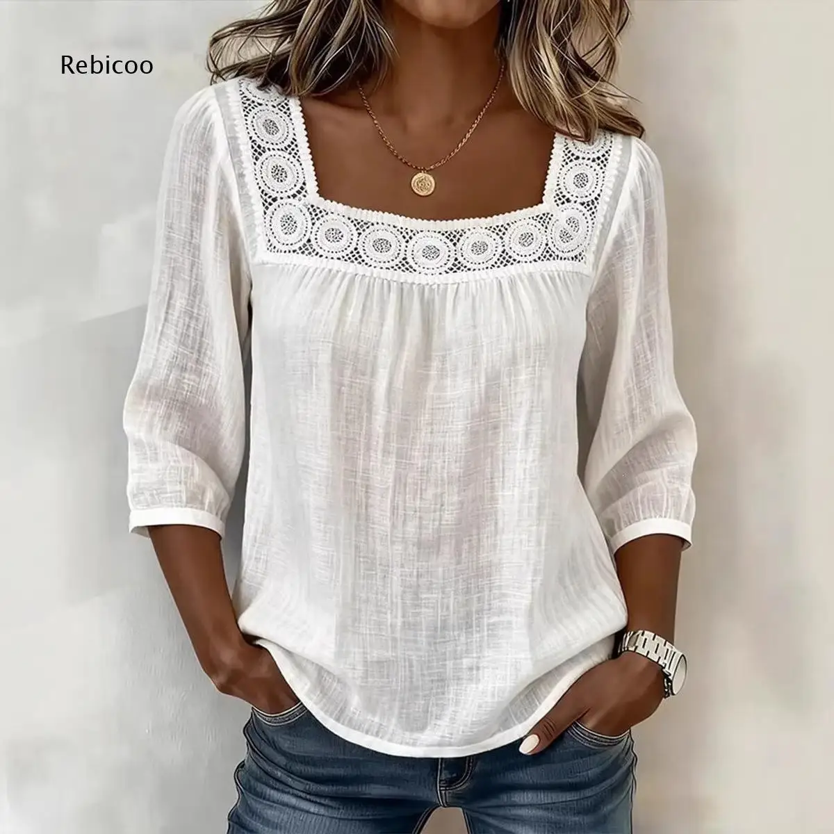 Loose Casual Blouse For Women Square Neck Three Quarter Sleeve Crochet Lace Accent Gathered Front For Weekend Going Out