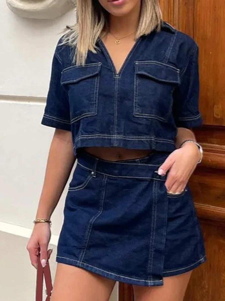 New Fashion Women 2 Piece Denim Outfits Short Sleeve Lapel Jean Tops And Asymmetrical Shorts Set Streetwear Hot Sale S-XL