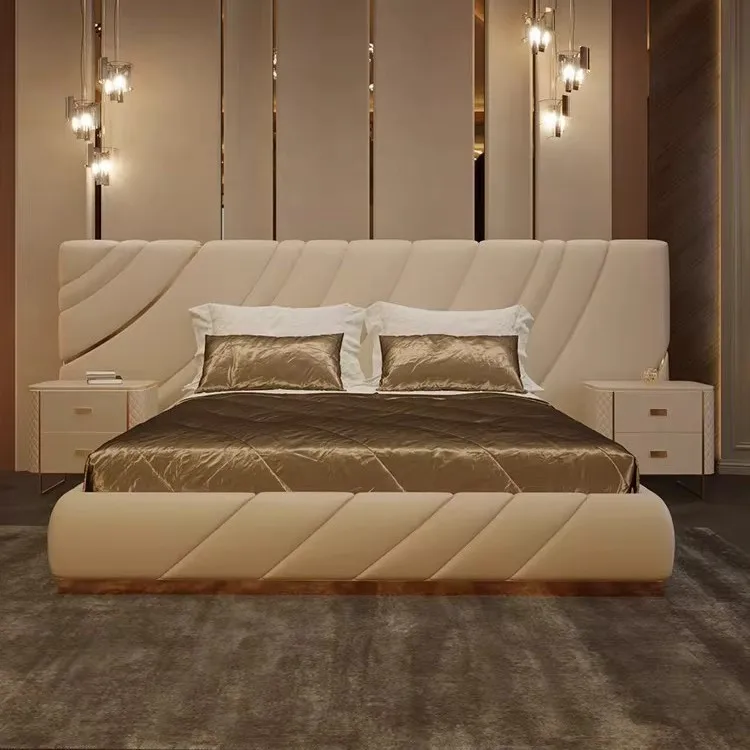 Italian leather art bed home master bedroom water ripple leather wide screen bed