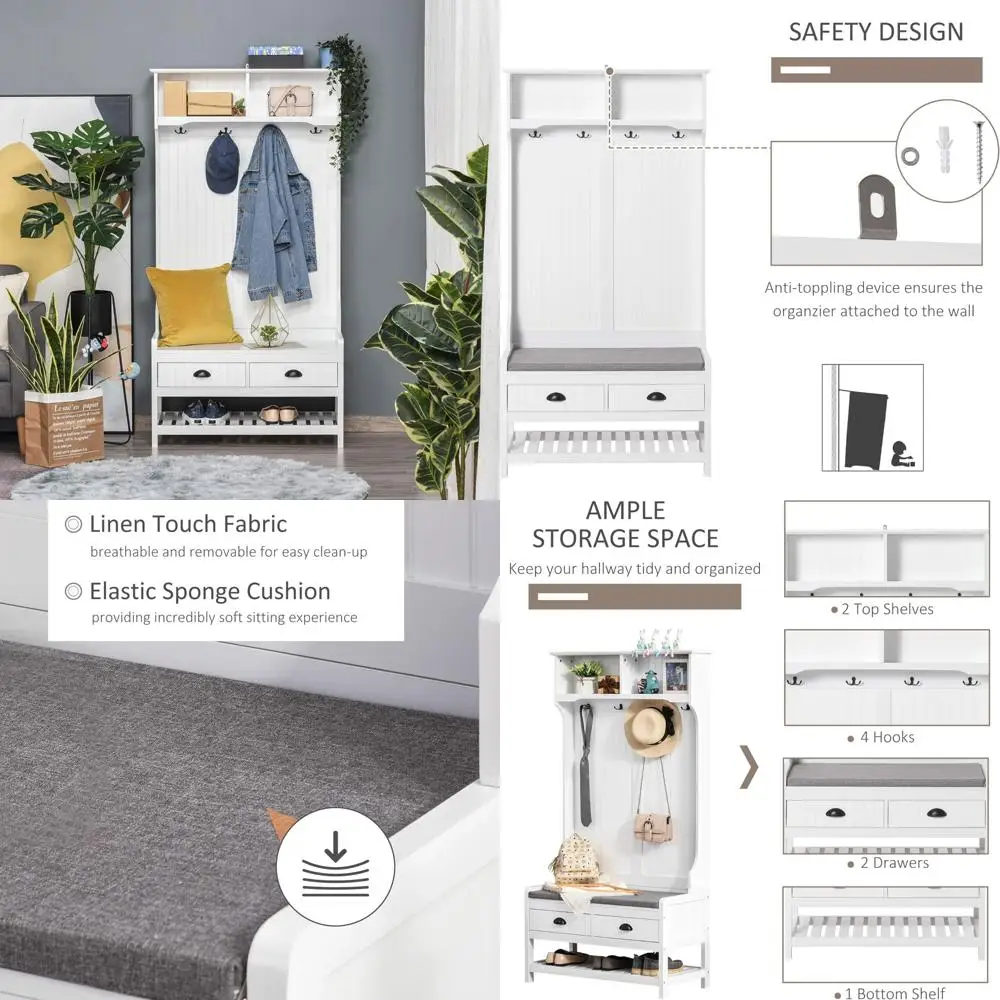 Banco de entrada con cajones de almacenamiento, zapatero y ganchos para abrigos, muebles de guardarropa con asiento acolchado y funcionalidad 3 en 1