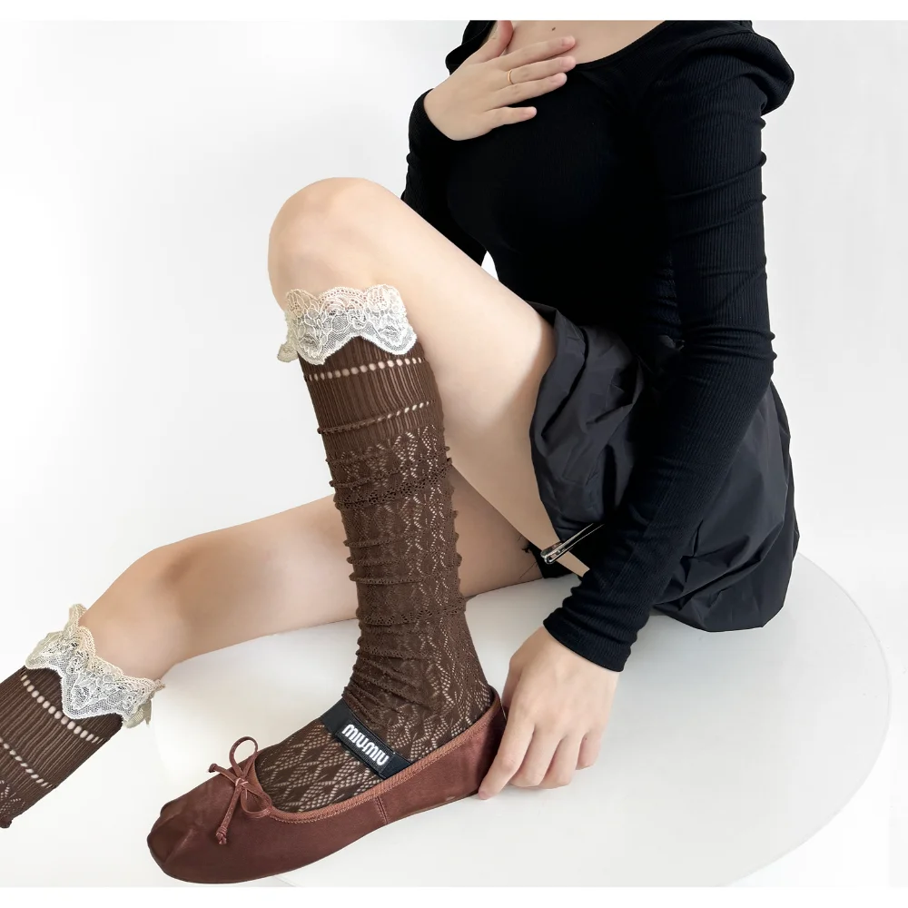 اليابانية الرجعية تفريغ الدانتيل جوارب للنساء بسيطة تنوعا المألوف الجوارب الطويلة الفتيات لوليتا JK جوارب طويلة إلى الركب #6