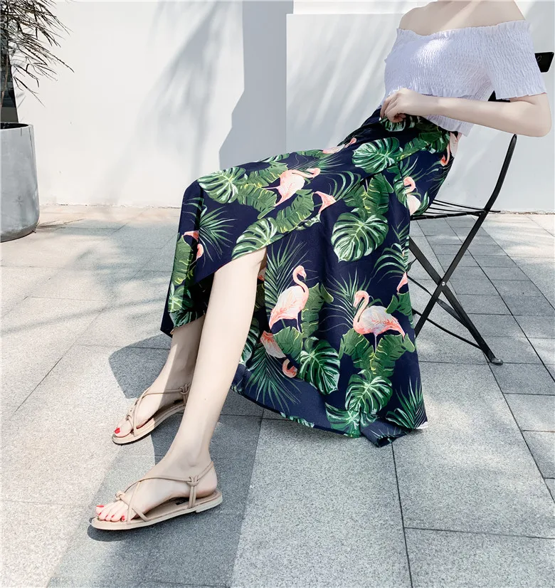 

High Waist Asymmetrical Floral Print Beach Skirt Wrap Long A-Line Midi Skirt Chiffon Split f-length Skirt