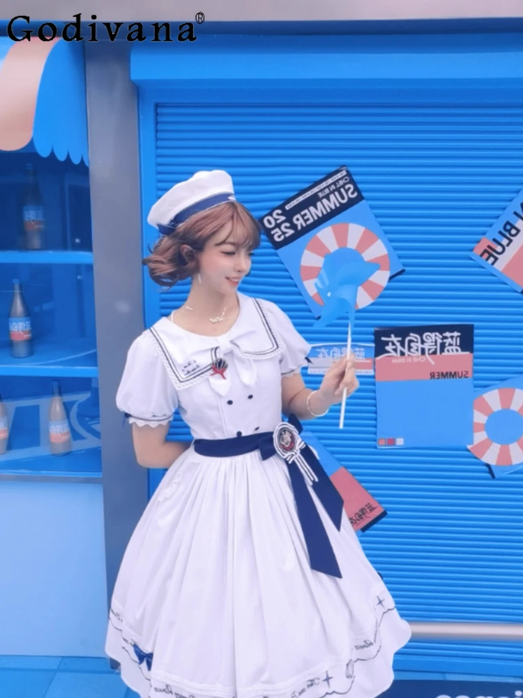 

Academy Style Japanese Original Striped Lolita Summer New Dress Sailor Collar Lantern Sleeve Sweet Girl OP Dresses