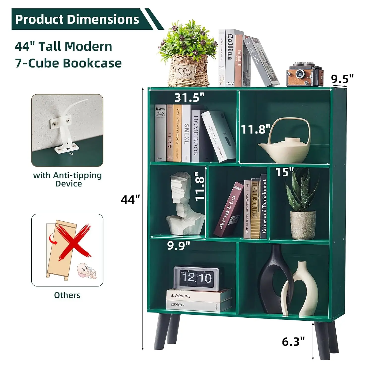 Mid-Century 7-Cube Wooden Bookshelf, 3-Tier Freestanding Storage Organizer for Bedroom Living Room Office, Customized