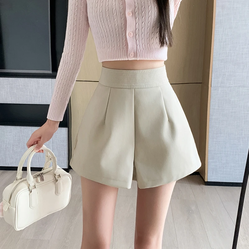 Leather Shorts New Autumn Winter PU Leathers Shorts Women Fashion Zipper High Waist Wide-leg Boots Shorts Woman Casual Shorts