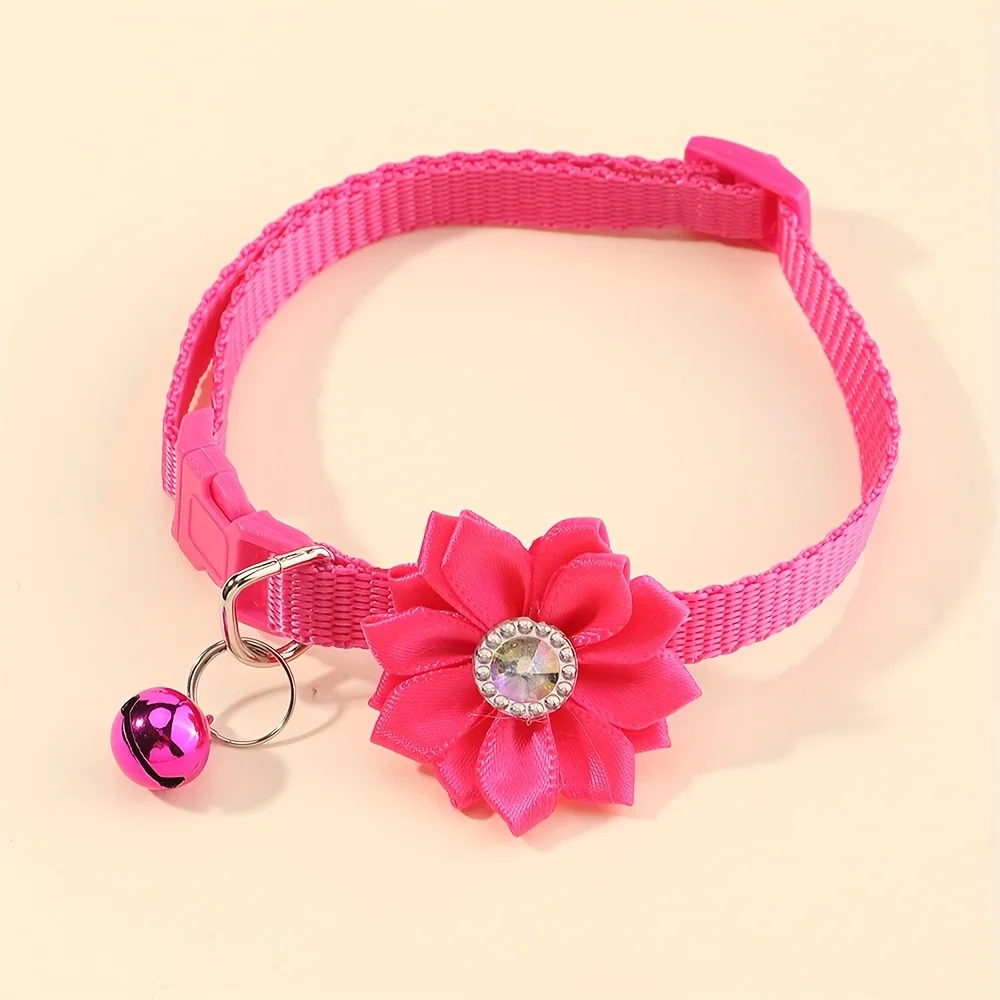 Nylon Flower Embellished Cat Collar with Bell, Adjustable Pet Collar for Cats and Small Dogs, Multiple Colors Available - One Si