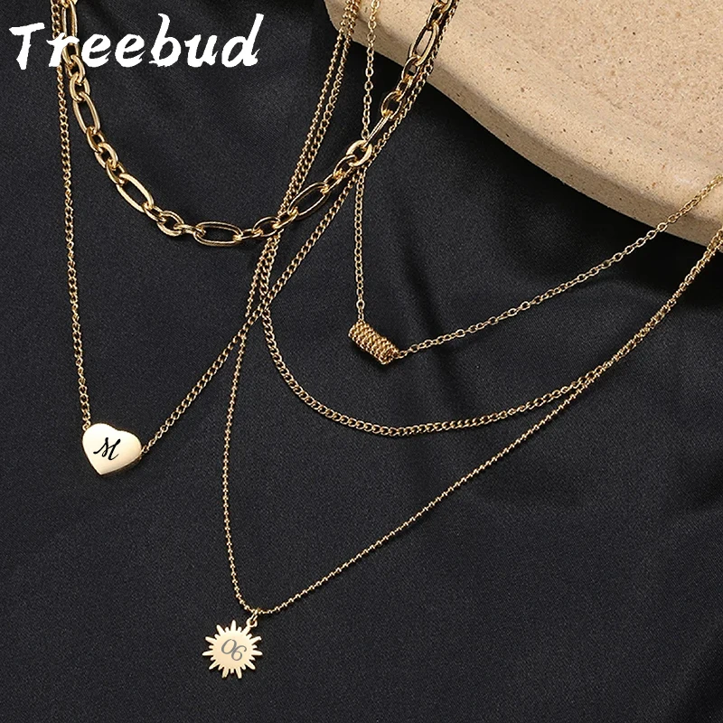 Treebud Customized Letter Patterns Multi-layer Heart Sun Pendant Stainless Steel Engrave Necklace for Women Girls Choker Jewelry