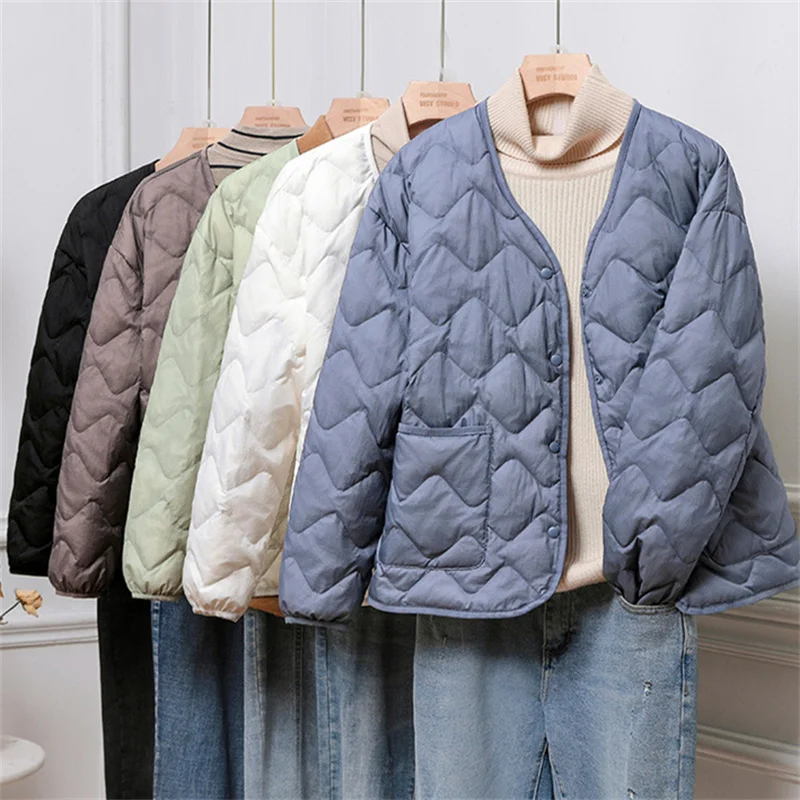 

Warm Light Thin White Duck Down Coat Autumn Winter Women V Neck Down Jacket Female Loose Oversize Puffer Parkas Short Outwears