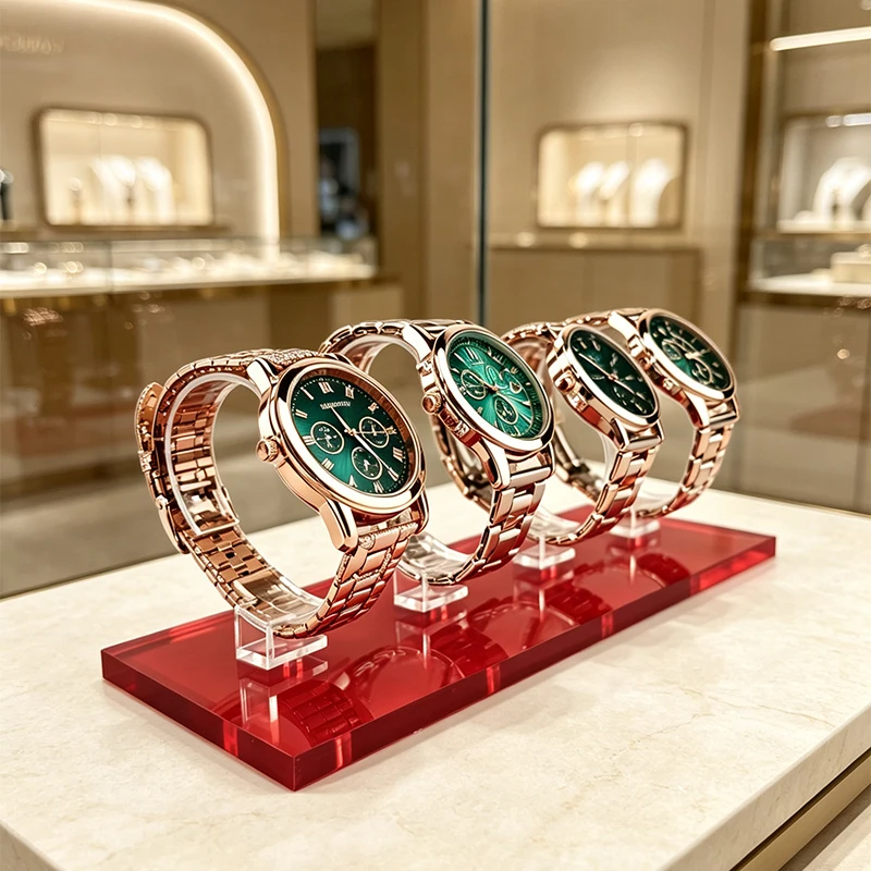 Acrylic 4-Slot Watch Display Stand with Red Base, Transparent C-Ring Watch Holder, Counter Watch and Bracelet Display Prop, Four-Compartment Watch Display Stand, Red Base Acrylic Watch Stand, Jewelry Store Watch Display and Storage Rack, Photography Prop