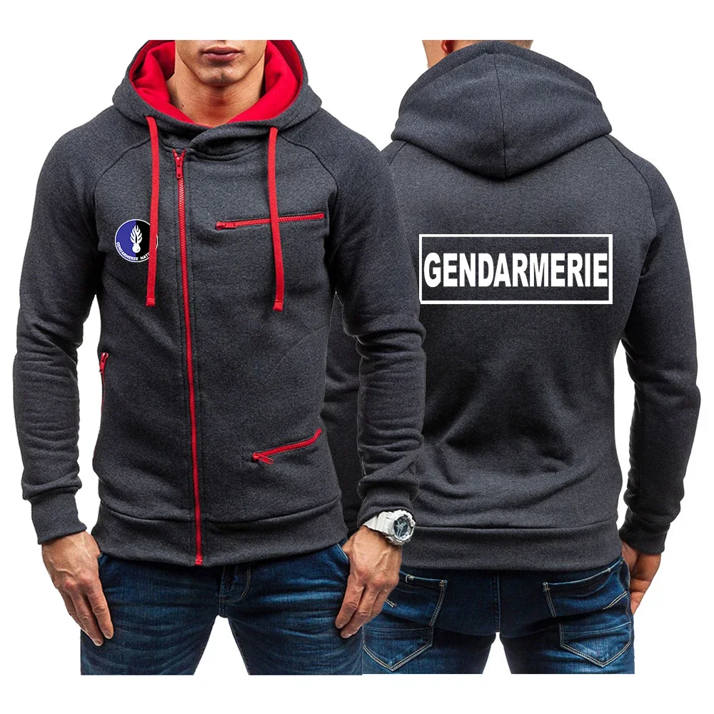 

French Gendarmerie PSIG 2024 Autumn New Men New Diagonal Zip Hooded Long Sleeves Hoodies Casual Sport Jacket Sport Pullover Top