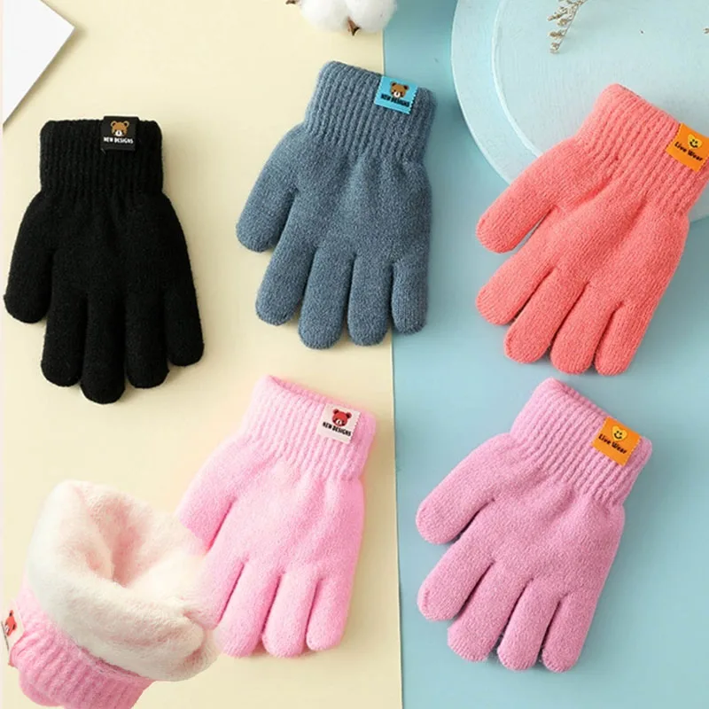 단색 어린이 소년 소녀 더블 레이어 니트 장갑 겨울 전체 손가락 장갑 3/4/5/6 세 유아 액세서리