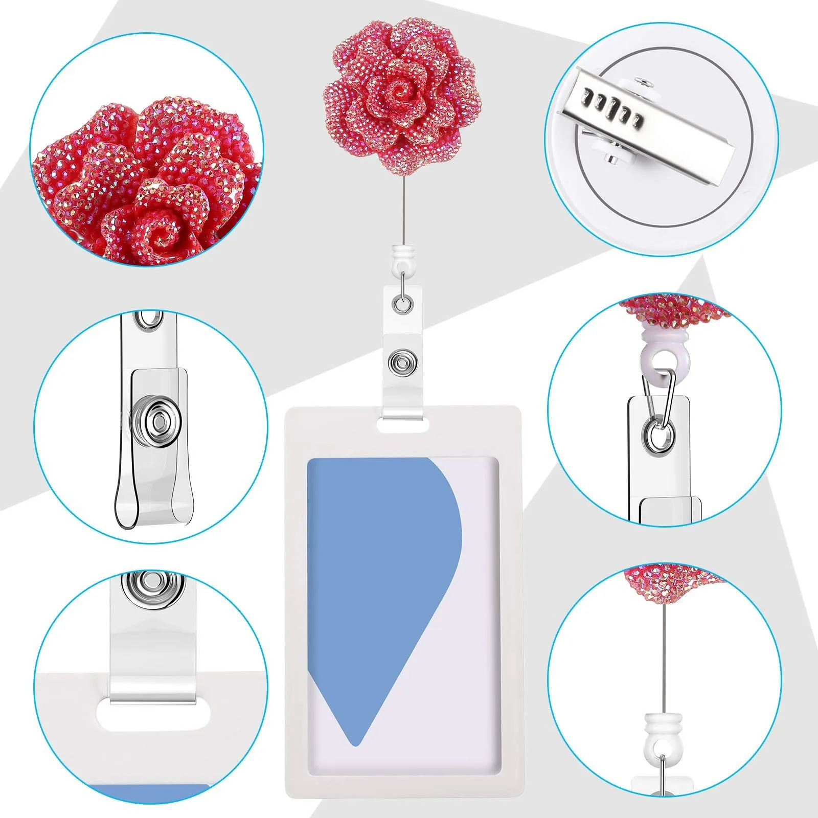6 Pieces 24 Inch Retractable Badge Reels,Glitter Rose ID Badge Holder with 360 Degree Rotatable Alligator Clip