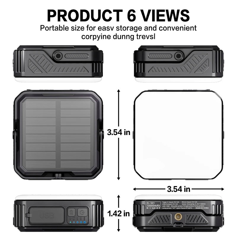 10000mAh Solar Power Bank Ultra Capacity USB Charging For iPhone Samsung Xiaomi Huawei Outdoor Power with Camping Light Lanyard