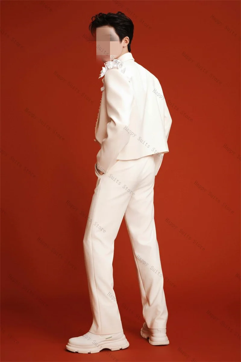 العاج الرجال البدلة مجموعة 2 قطعة بلورات السترة + السراويل بنطلون مكتب رسمي معطف ثلاثية الأبعاد زهرة الزفاف سهرة سترة مخصصة الزي #2