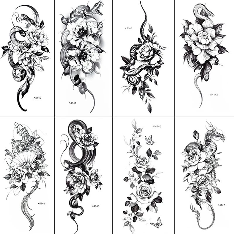 Temporary Tattoo Sketch Line Black Snake Dragon Rose Flowers Fake Tattoo Sticker Arm Sleeve Thigh Sexy Women Body Art Waterproof