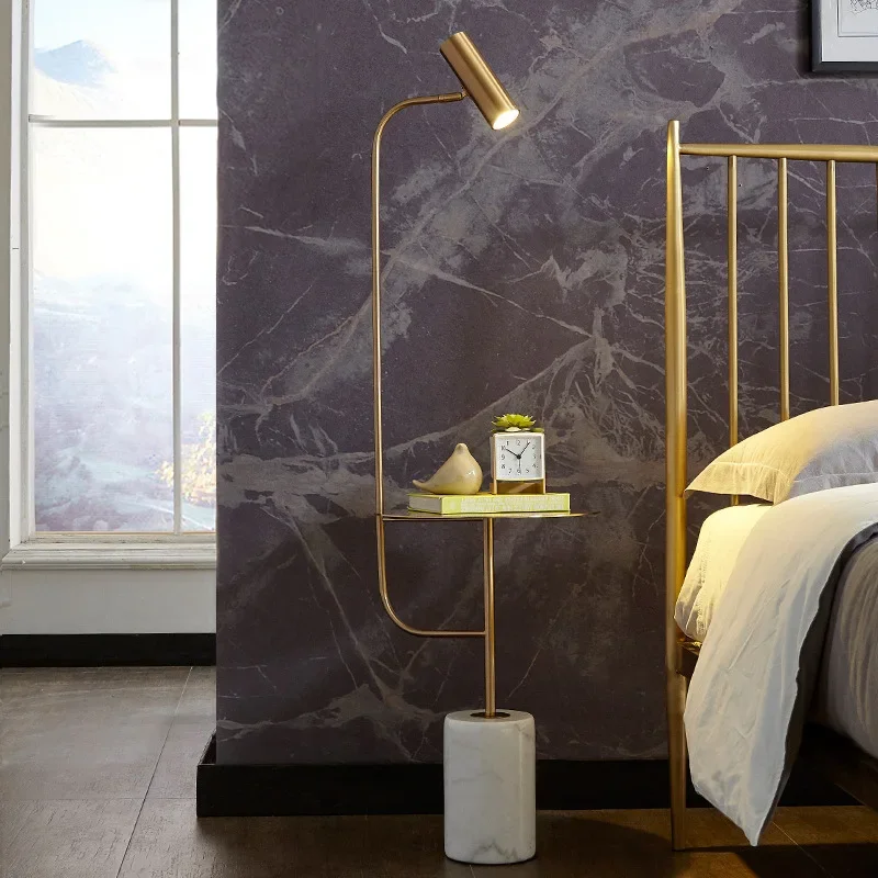 marble bedside table, creative personality, stainless steel brushed light cabinet for bedroom, simple and modern