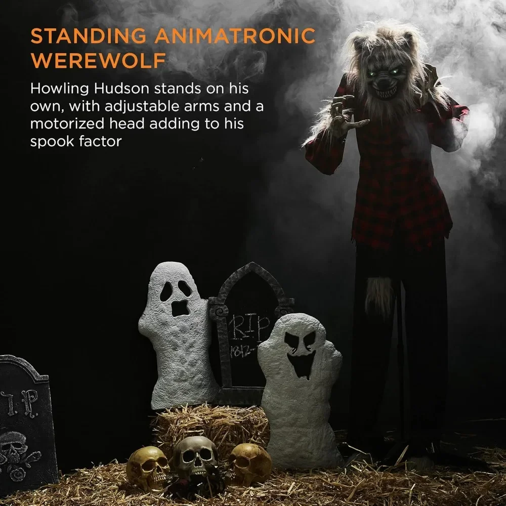 5ft Animatronic Werewolf Halloween Decor, Howling Hudson Standing Poseable Halloween Decoration w/Pre Recorded Phrases