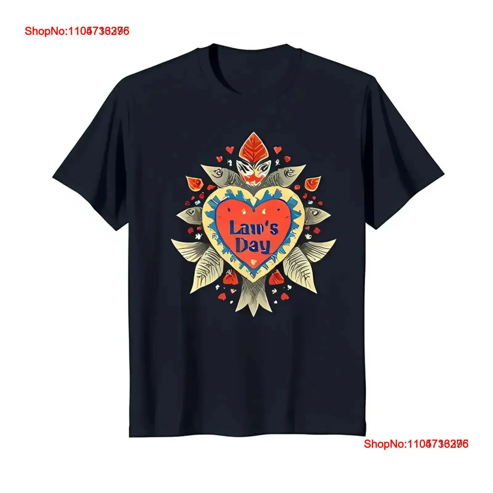 Colorful Heart Design 'Law's Day' Black T Shirt with Fish Flowers vintage Washed Soft Casual Versatile graphic vintage Washed