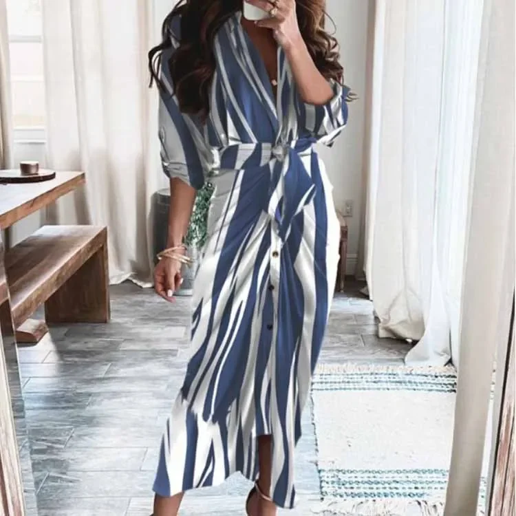 Fashion Printed Single-breasted Slim Shirts Dresses For Women Leace-up Elegant Bodycon Long Dress  Feminino Autumn New